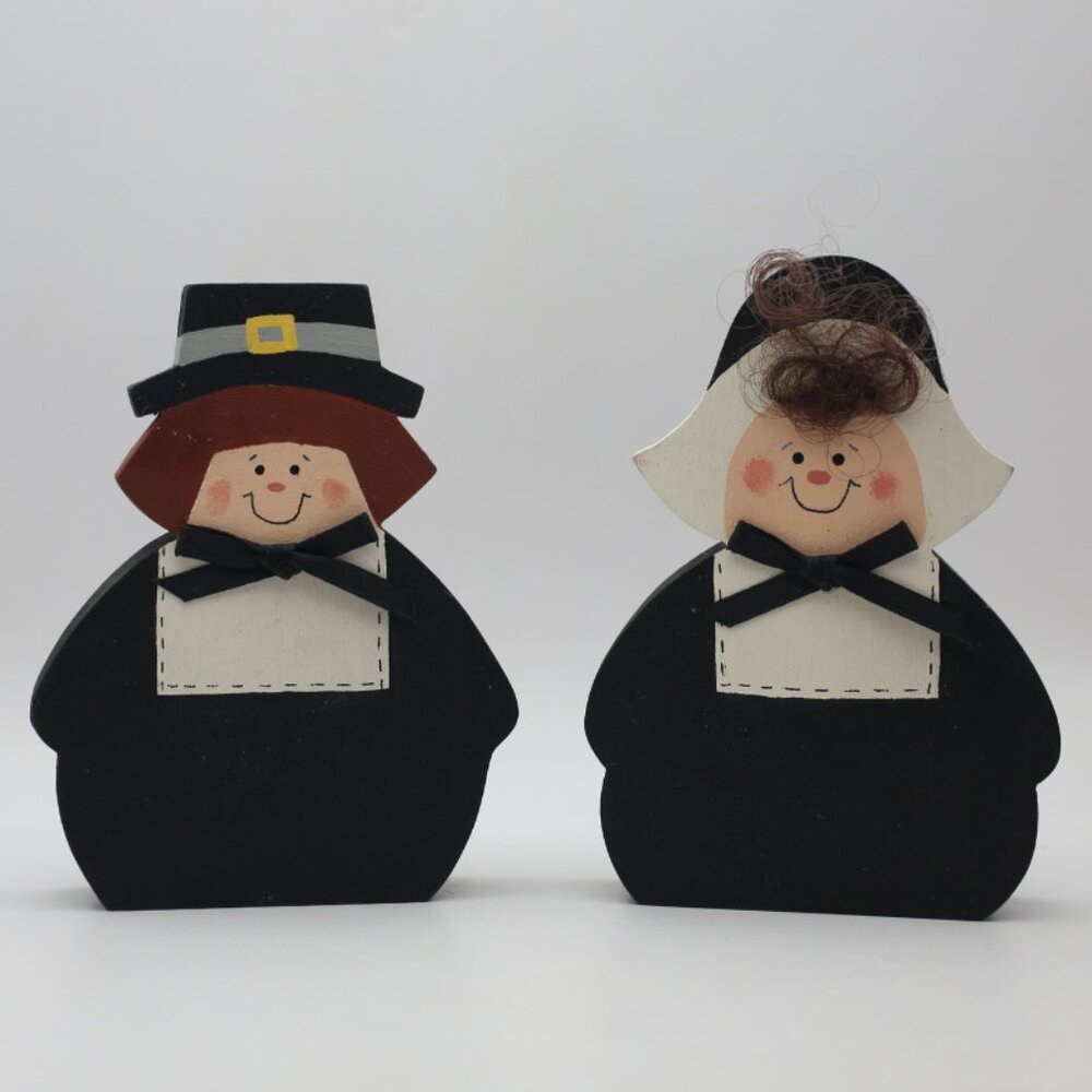 2 Vintage Wooden Pilgrim Thanksgiving Decorations